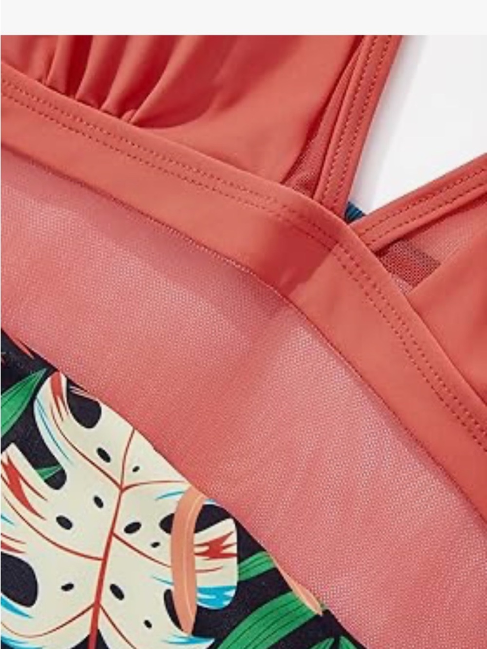 🚘 NWOT High Waist 1-Piece Swimsuit in Coral with Tropical Print mesh middle XXL - Picture 5 of 10